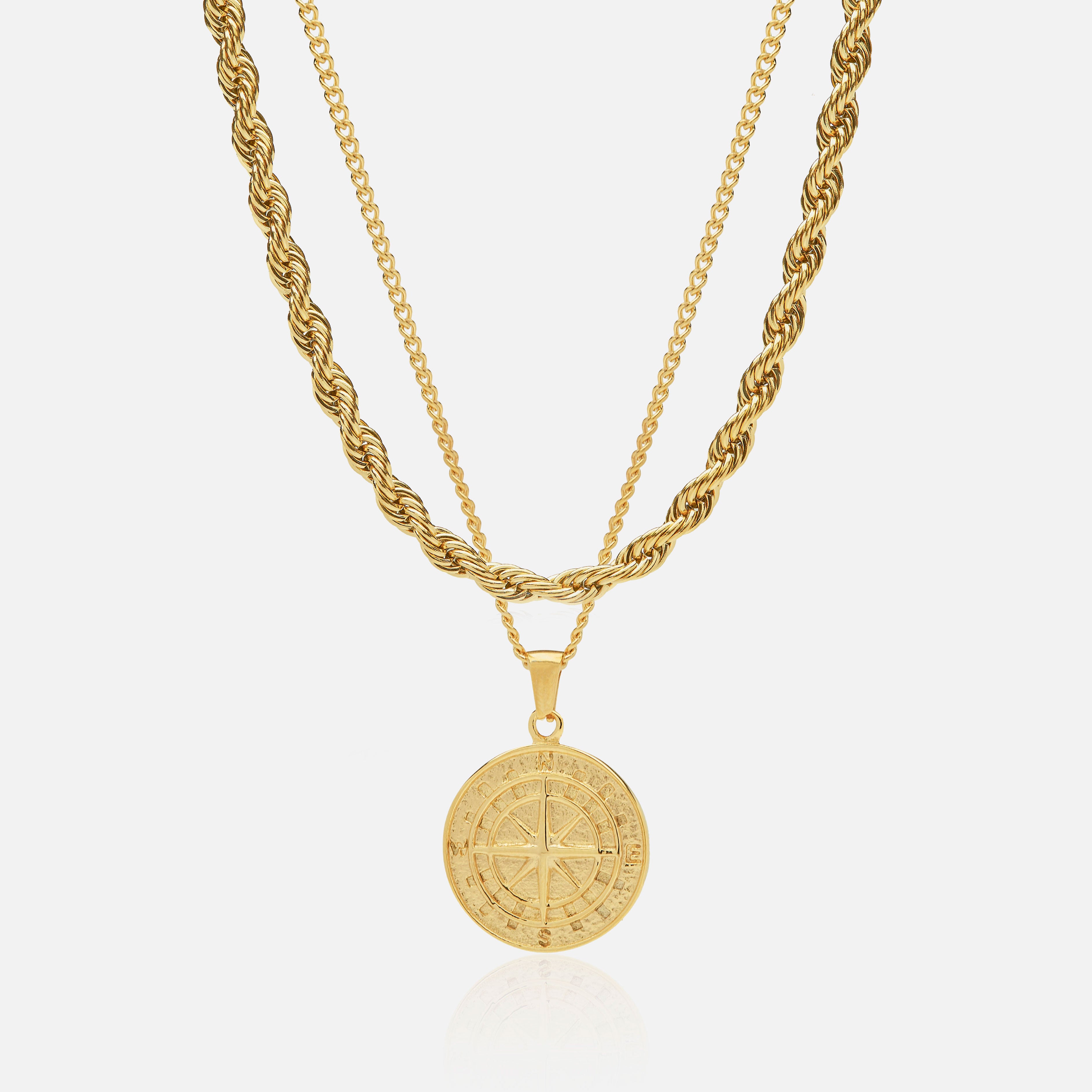 Conjunto Cadena 6 mm & Colgante Brújula Oro 18K