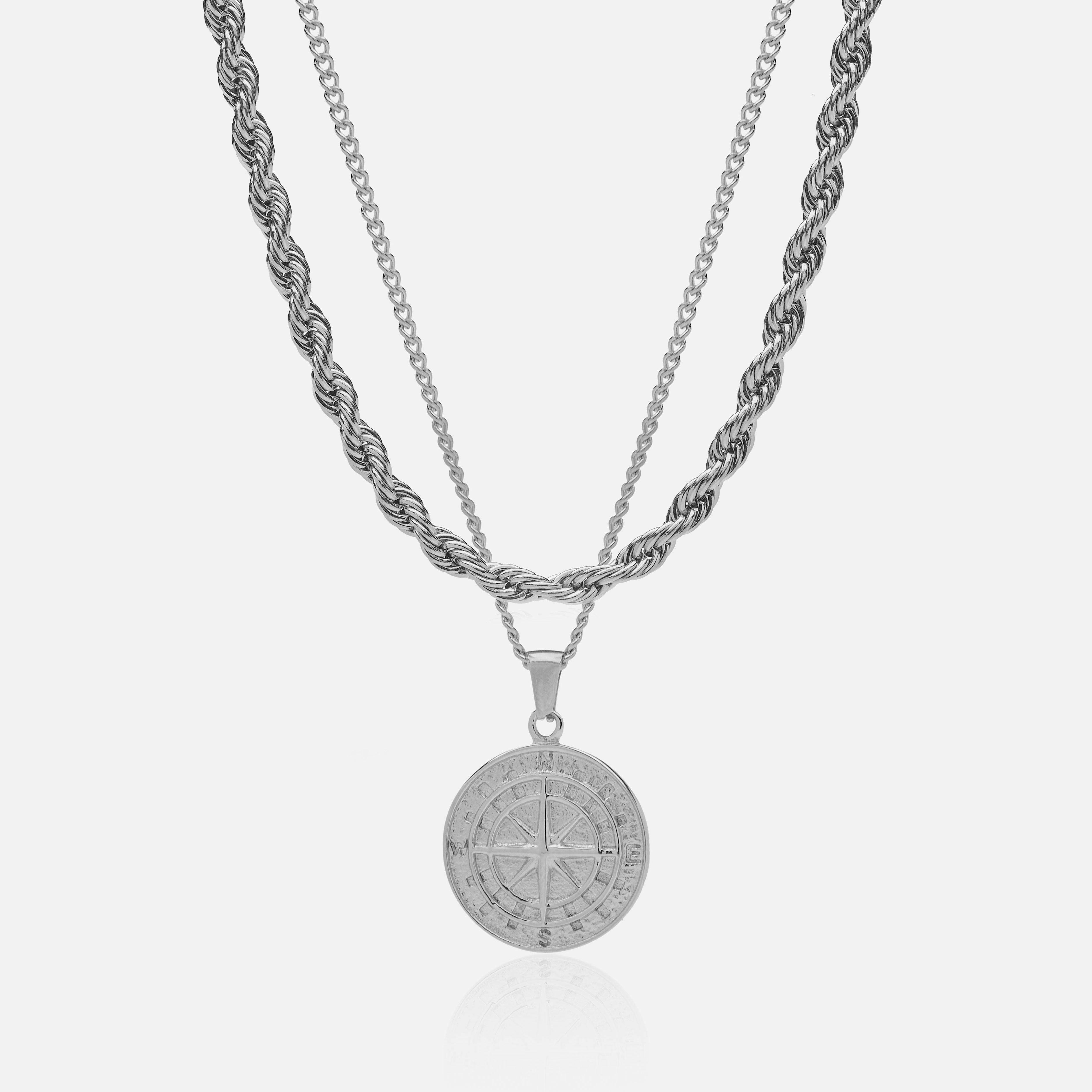 Conjunto Cadena 6 mm & Colgante Brújula Oro Blanco 18K