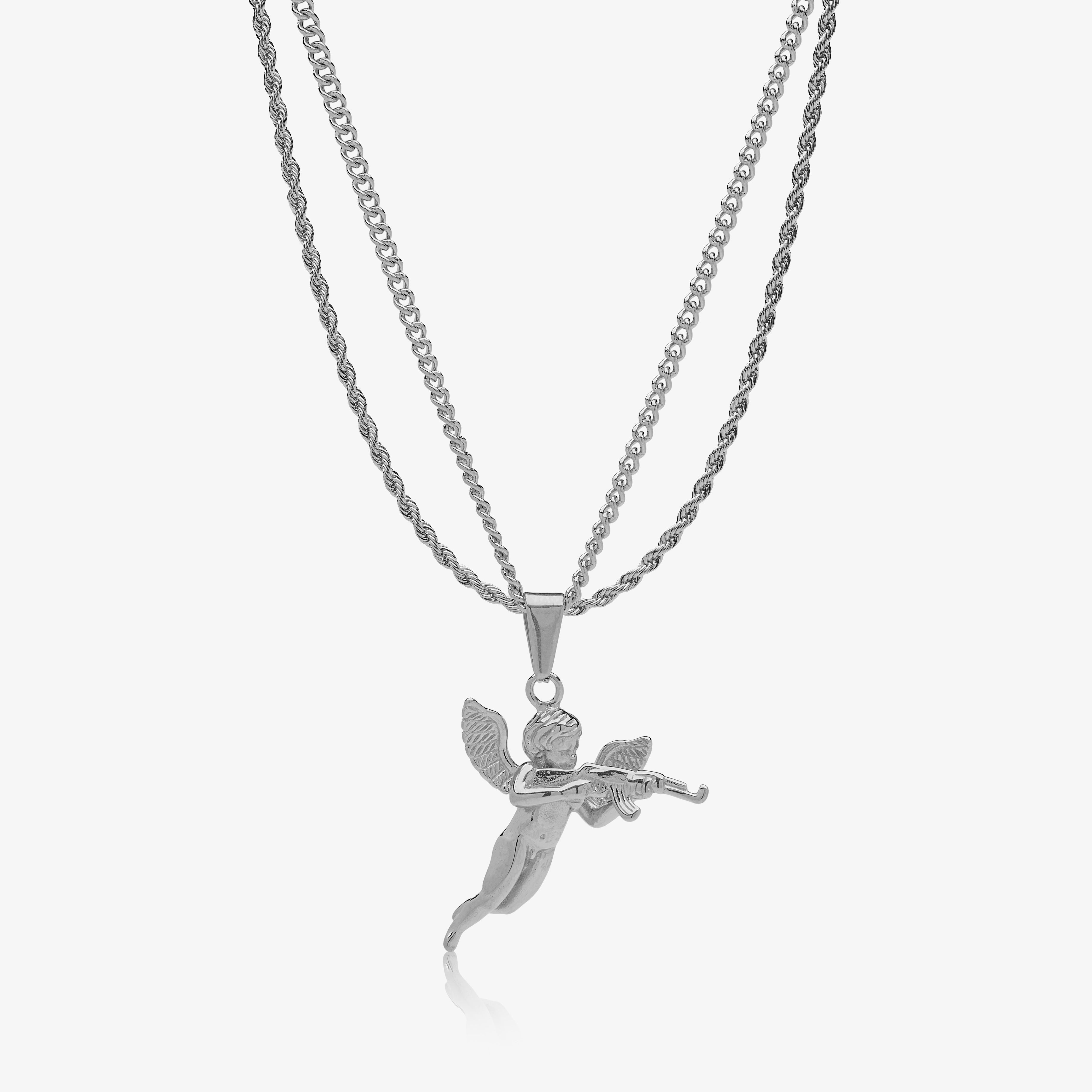 Conjunto Cadena 3 mm & Colgante CupidoAK Oro Blanco 18K