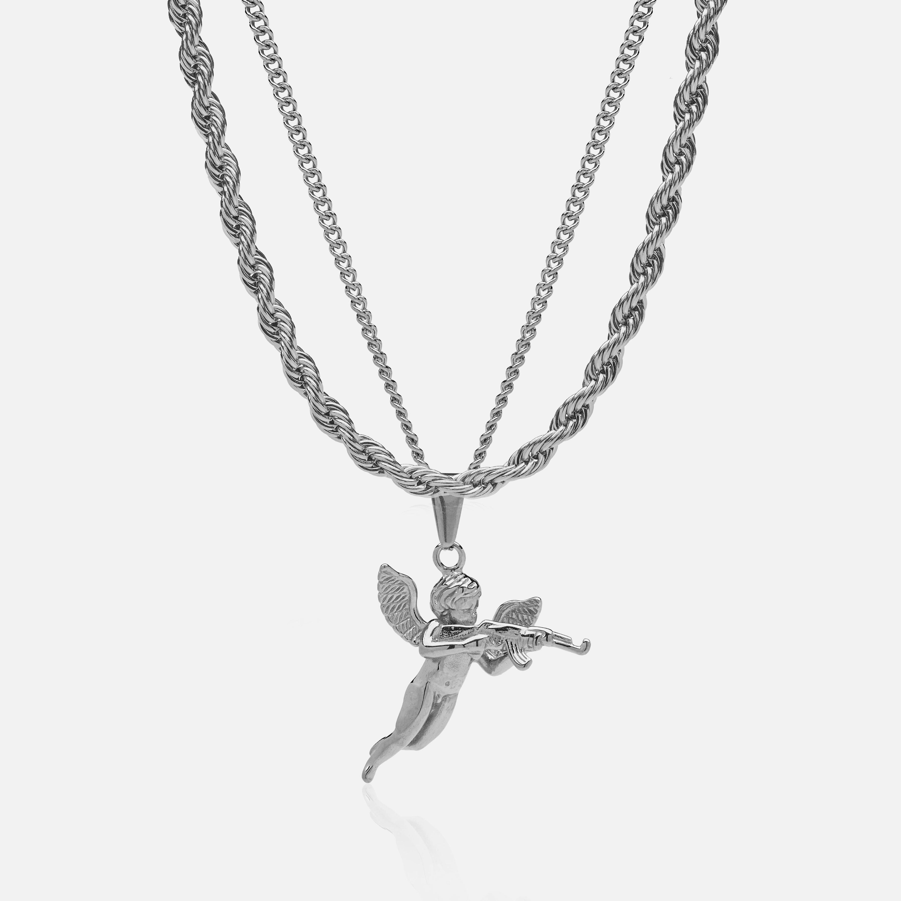 Conjunto Cadena 6 mm & Colgante Cupido AK Oro Blanco 18K