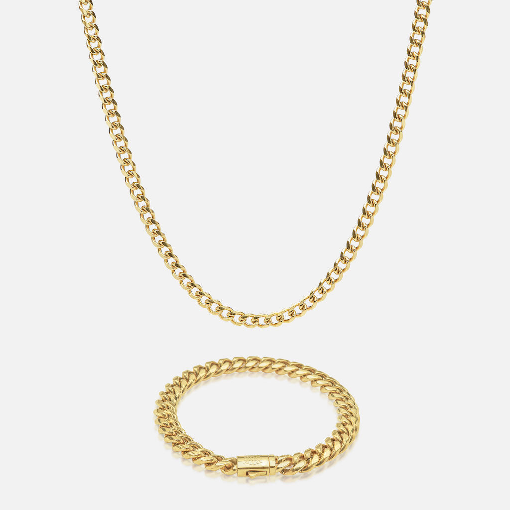 Conjunto Cadena 4 mm & Pulsera 8 mm Diavlo Cuban Gold