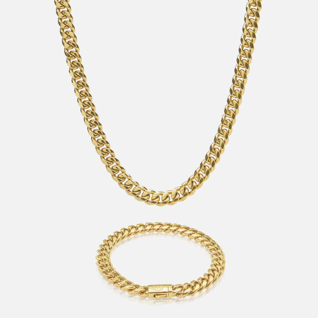 Conjunto Cadena 8 mm & Pulsera 8 mm Diavlo Cuban Gold