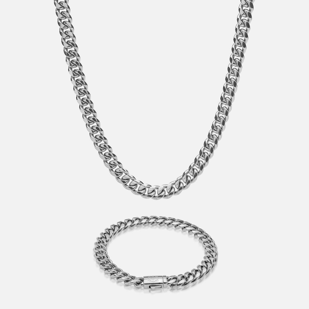 Conjunto Cadena 8 mm & Pulsera 8 mm Diavlo Cuban Oro Blanco 18K