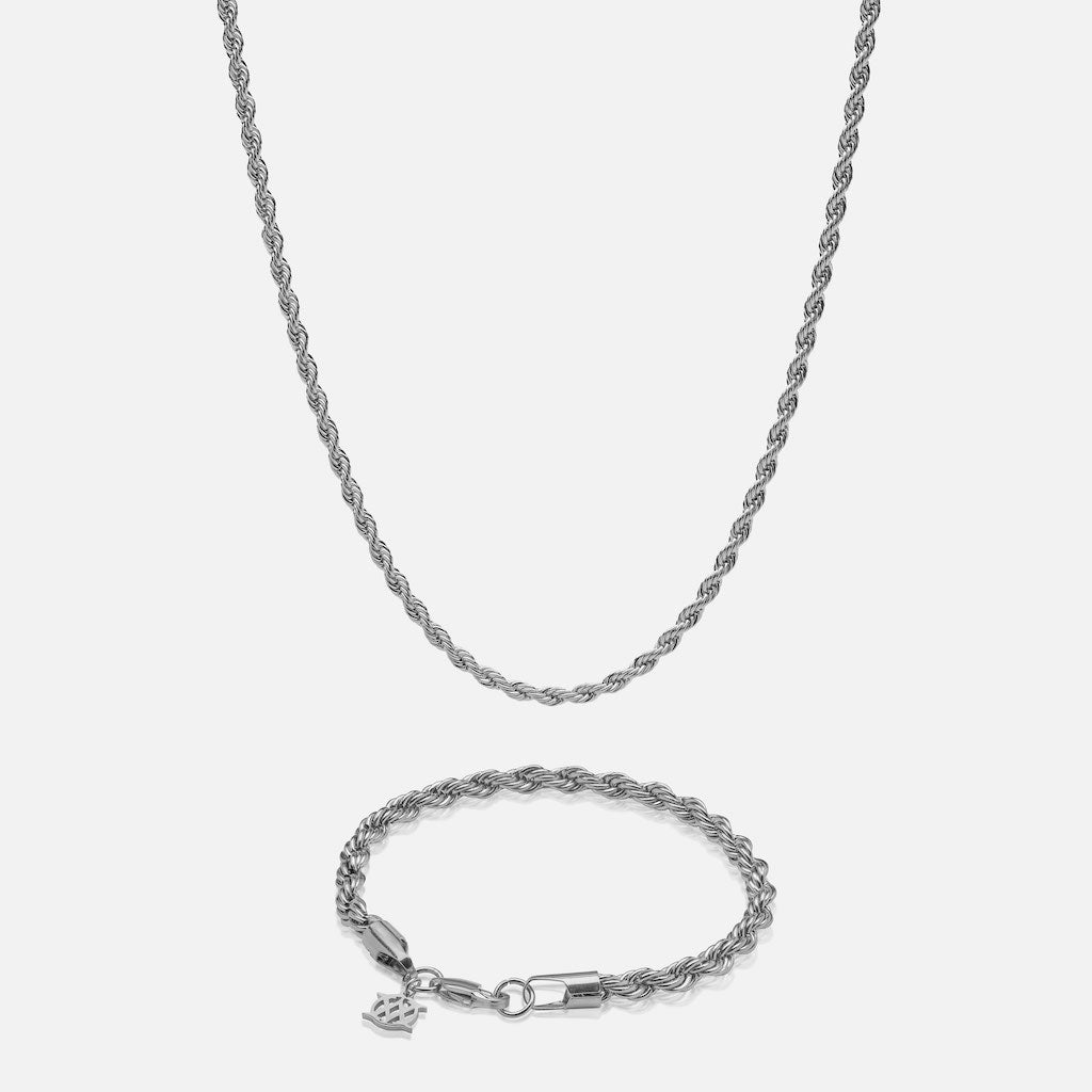 3 mm Chain & 5 mm Diavlo Rope Bracelet Set 18K White Gold