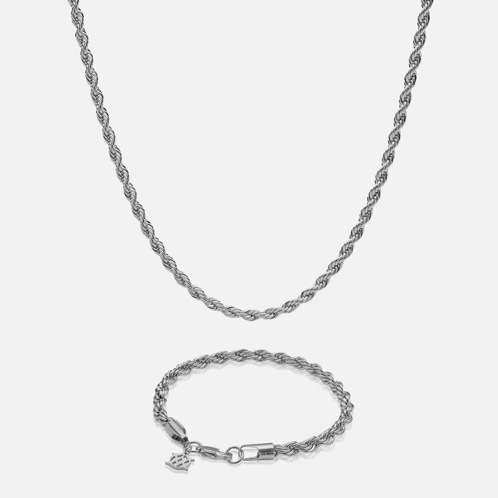 6 mm Chain & 5 mm Diavlo Rope Bracelet Set 18K White Gold
