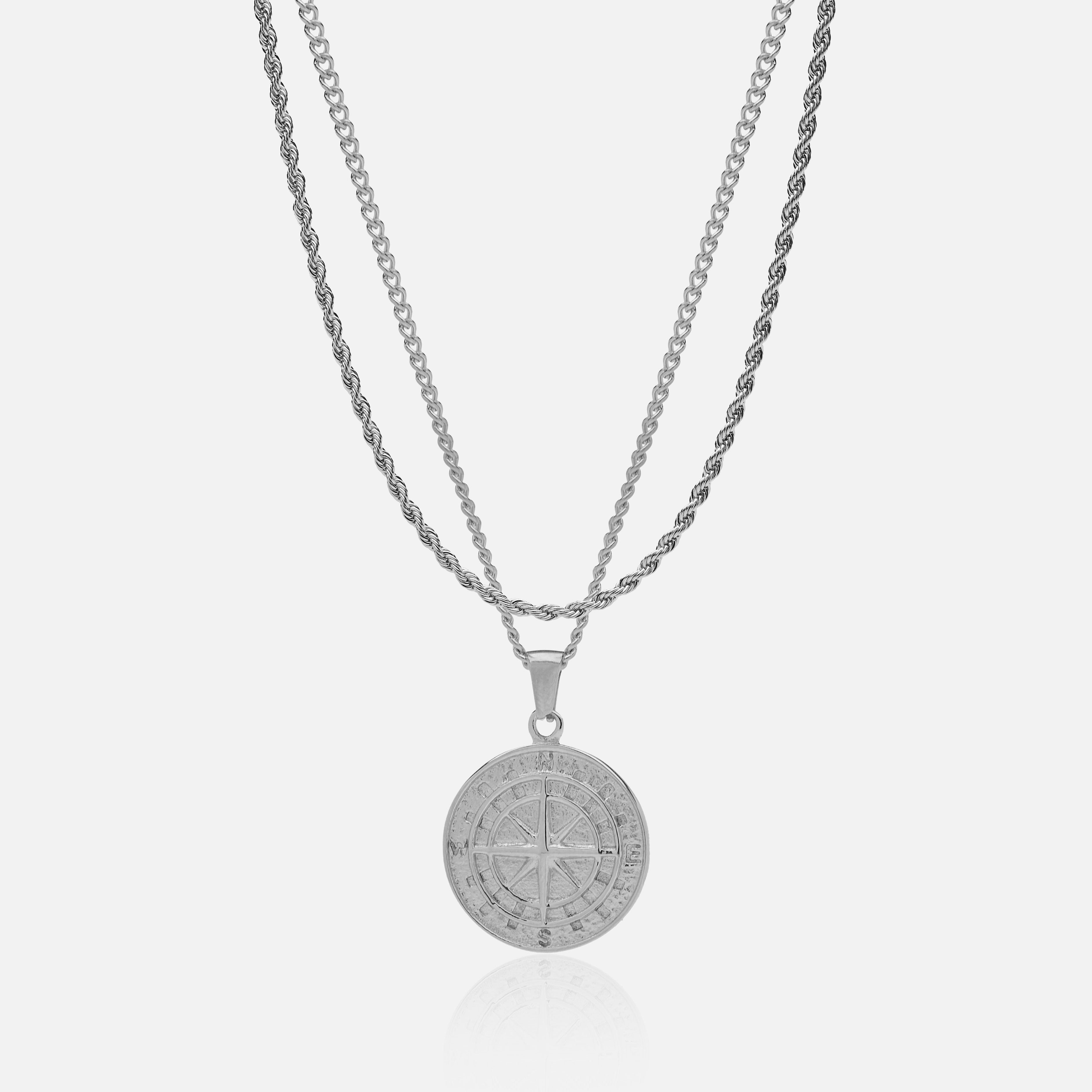 Conjunto Cadena 3 mm & Colgante Brújula Oro Blanco 18K