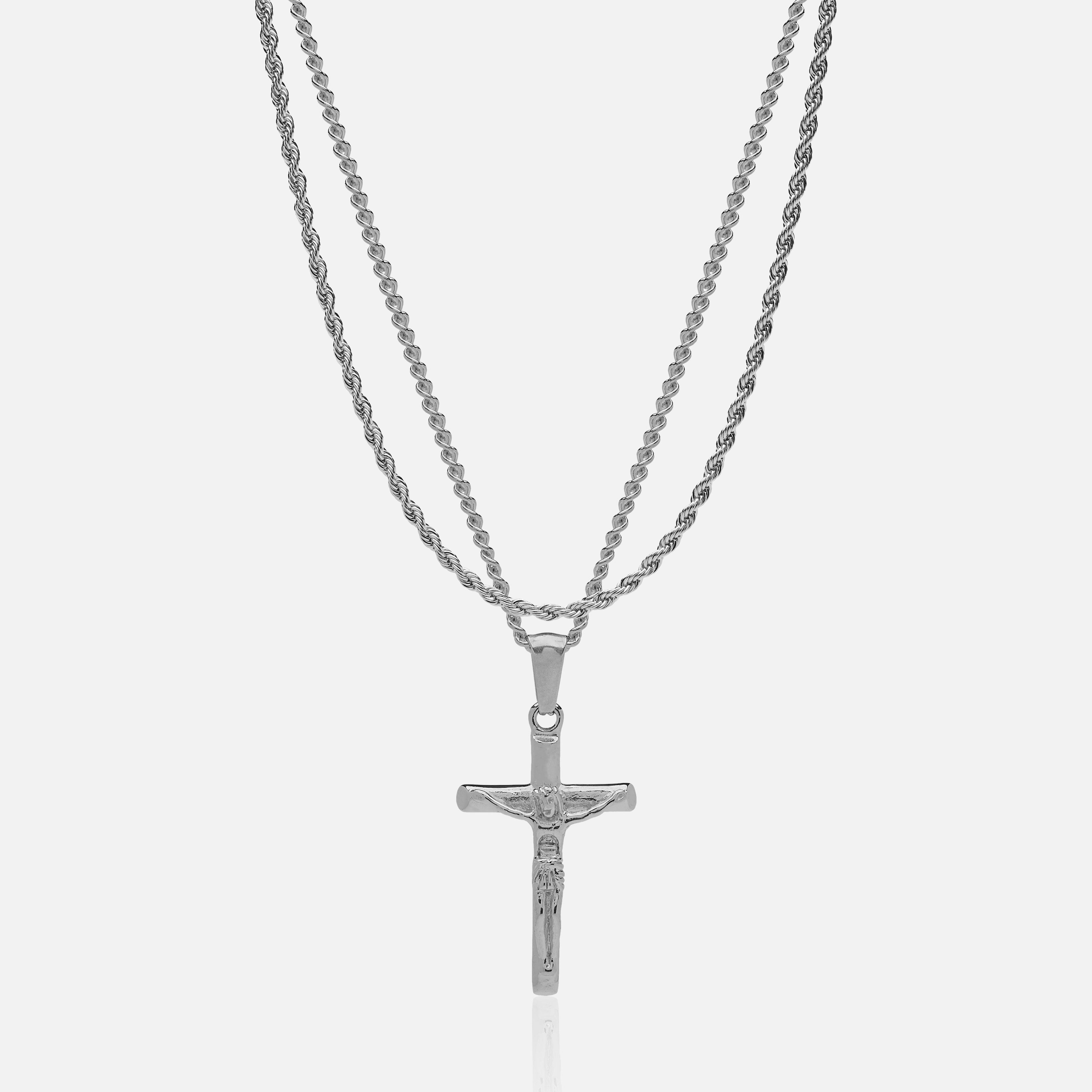 Conjunto Cadena 3 mm & Colgante Cruz Oro Blanco 18K