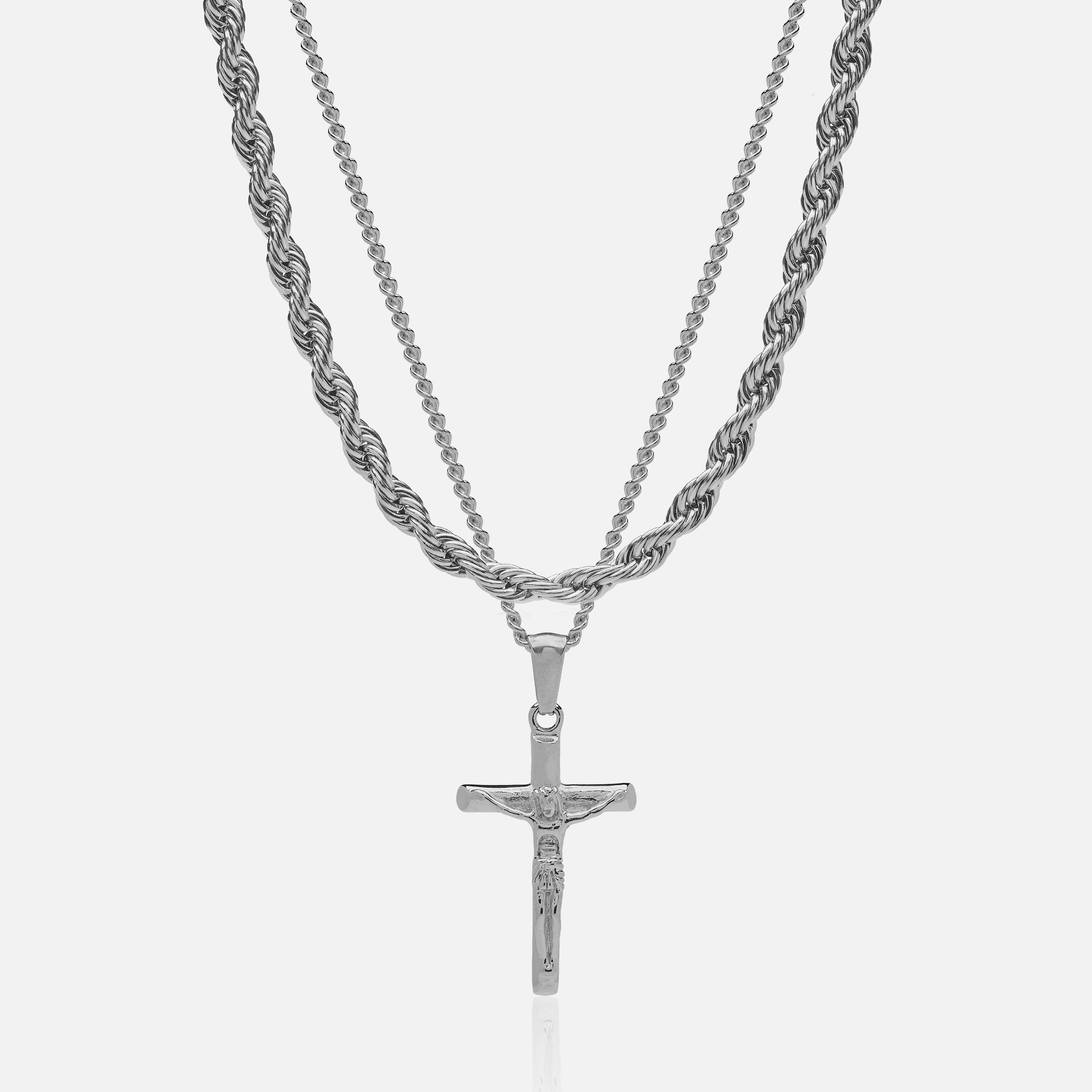 Conjunto Cadena 6 mm & Colgante Cruz Oro Blanco 18K